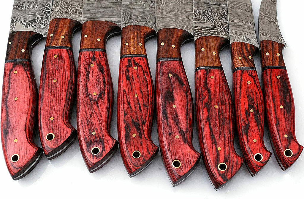 Custom Handmade Damascus Kitchen Knives Set - Exquisite Twisted Pattern, Exotic Wood Handle, Leather Roll Kit