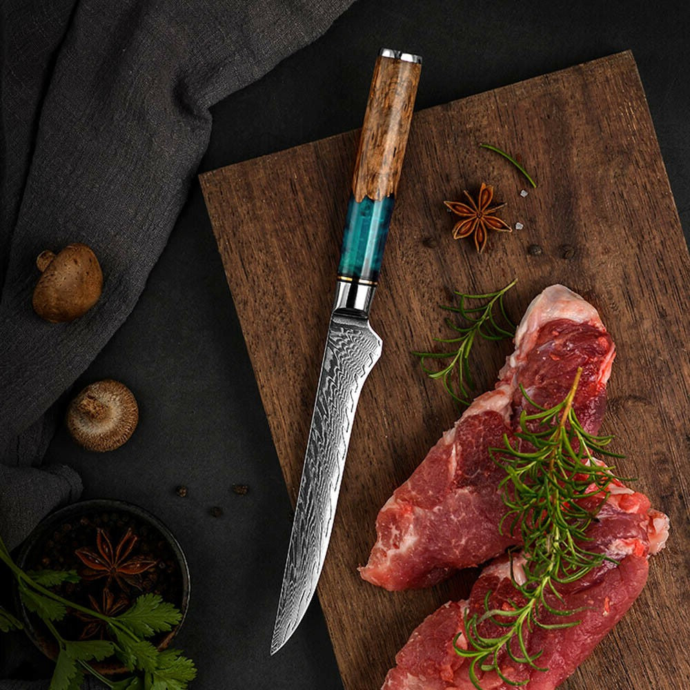 Custom Handmade Damascus Steel Fillet Knife with Premium Resin Olive Wood Handle, 13” Blade + Leather Sheath - DreamChefTools