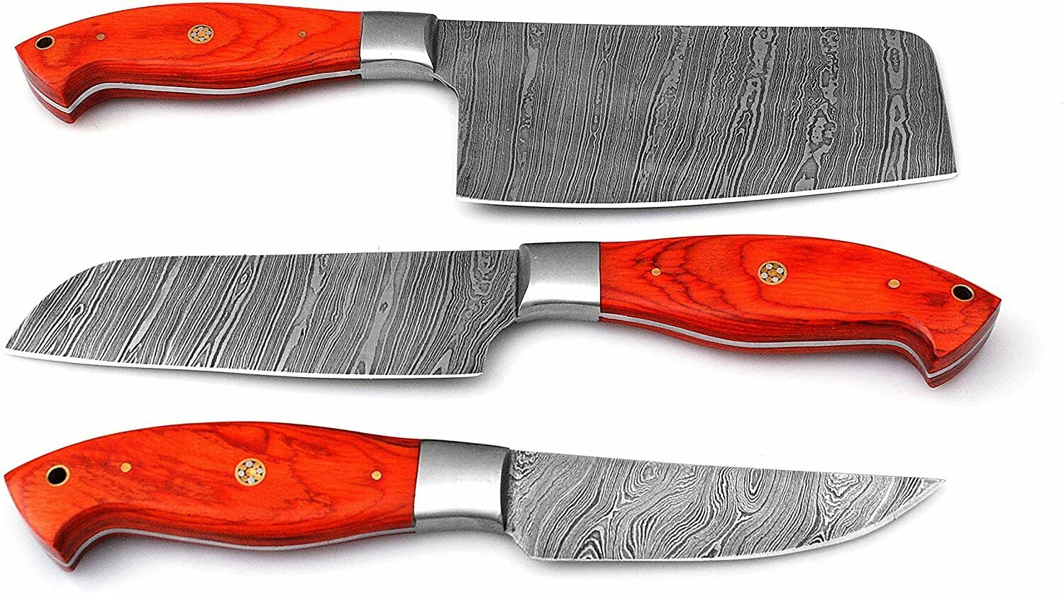 Custom Handmade Damascus Kitchen Knives Set - 10 to 11 Inch Blades with Exotic Pakka Wood Handles