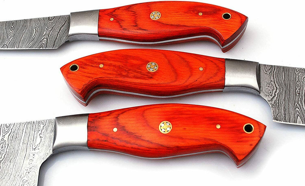 Custom Handmade Damascus Kitchen Knives Set - 10 to 11 Inch Blades with Exotic Pakka Wood Handles