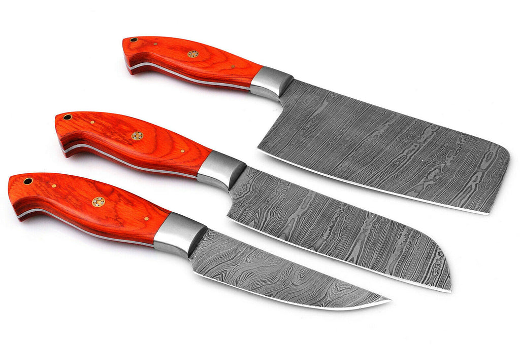 Custom Handmade Damascus Kitchen Knives Set - 10 to 11 Inch Blades with Exotic Pakka Wood Handles