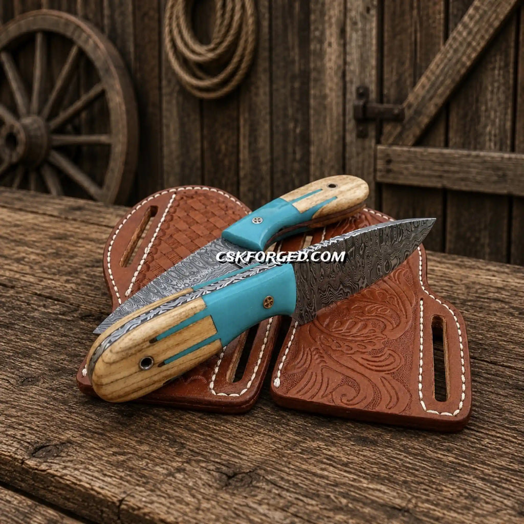 Cowboy Skinning Knife Set – Damascus Steel Blue Maverick Handle