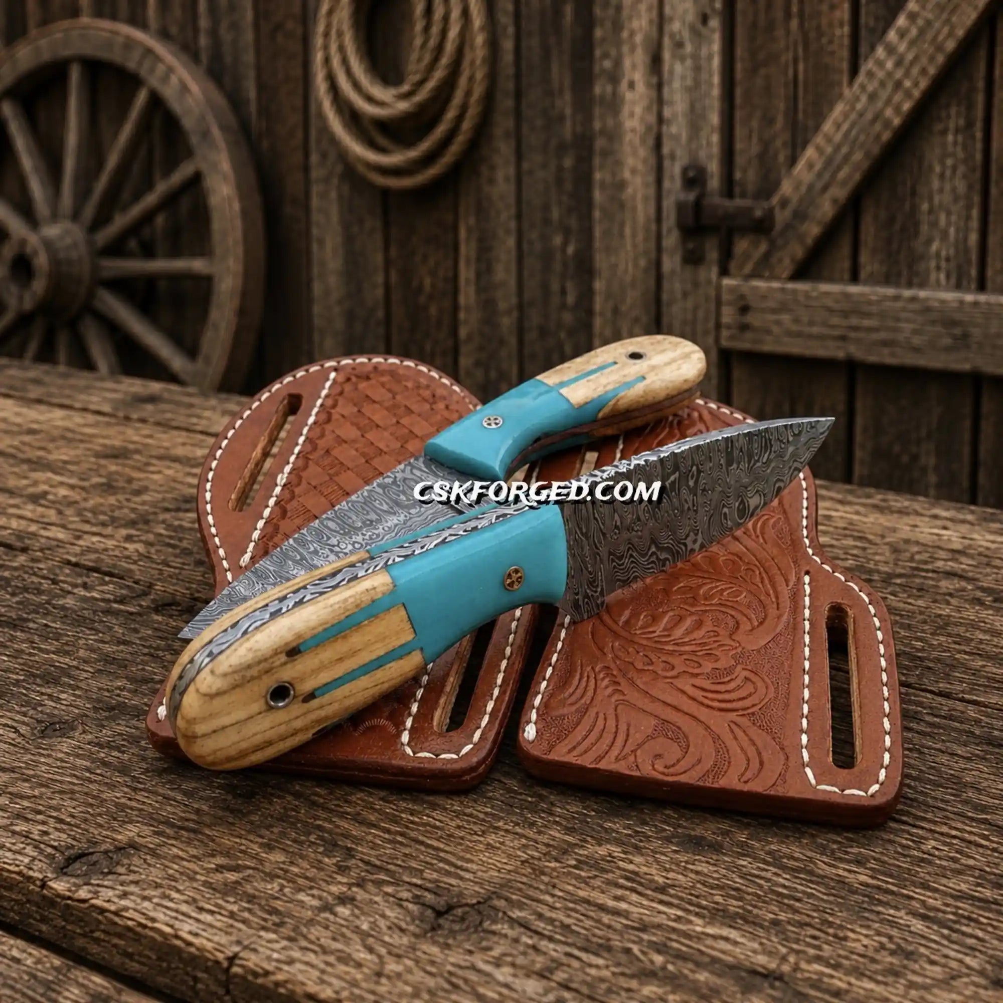 Cowboy Skinning Knife Set – Damascus Steel Blue Maverick Handle